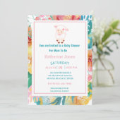 Cute Lamb Pink Floral Baby shower Invitation Kaart (Staand voorkant)
