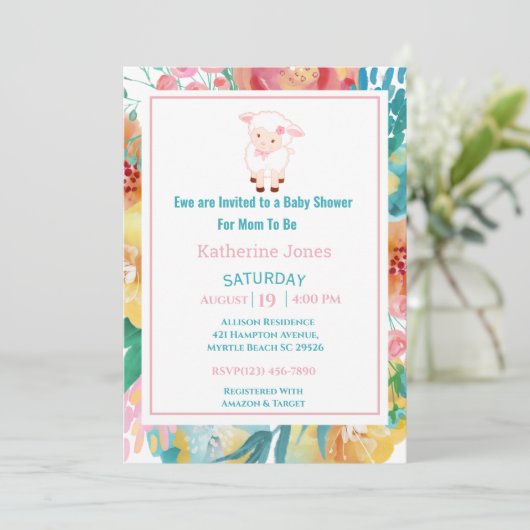 Cute Lamb Pink Floral Baby shower Invitation Kaart (Staand voorkant)