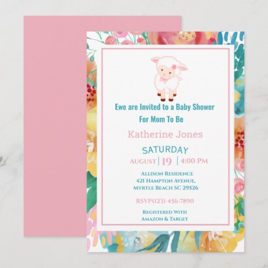 Cute Lamb Pink Floral Baby shower Invitation Kaart (Voorkant / Achterkant)