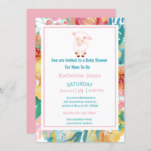 Cute Lamb Pink Floral Baby shower Invitation Kaart