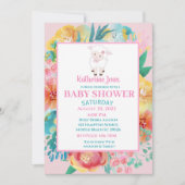 Cute Lamb Pink Floral Baby shower Invitation Kaart (Voorkant)