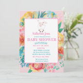 Cute Lamb Pink Floral Baby shower Invitation Kaart (Staand voorkant)