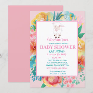 Cute Lamb Pink Floral Baby shower Invitation Kaart