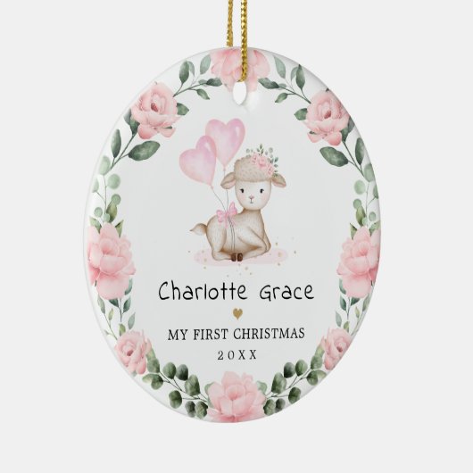 Cute Lamb Pink Floral Wreatal Baby Eerste Kerstmis Keramisch Ornament (Rechts)