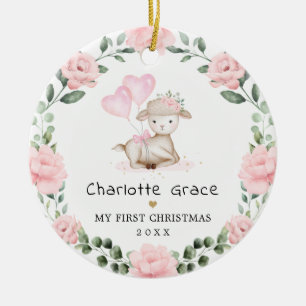 Cute Lamb Pink Floral Wreatal Baby Eerste Kerstmis Keramisch Ornament