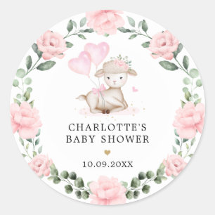 Cute Lamb Pink Floral Wreatal Baby Eerste Kerstmis Ronde Sticker