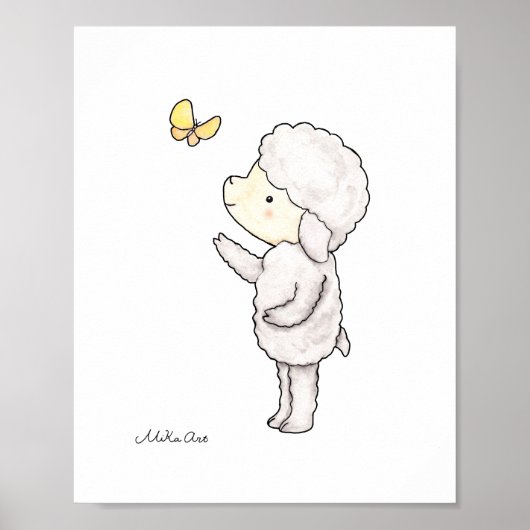 Cute Lamb Sheep Butterfly Nursery Art Poster (Voorkant)