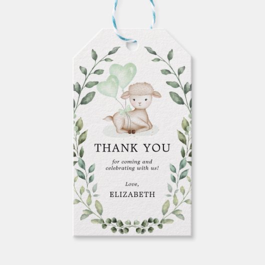 Cute Lamb Spring Greenery Baby shower Dank u Cadeaulabel (Voorkant)