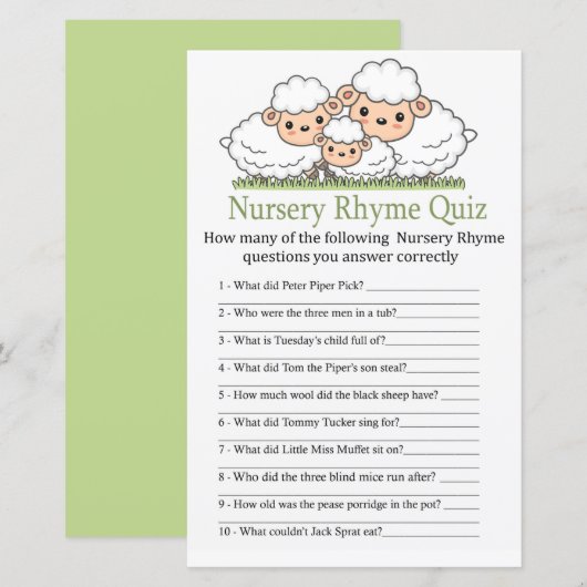 Cute lambs Nursery Rhyme Quiz baby shower game (Voorkant / Achterkant)