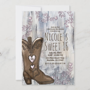 Cute Landelijke Roze Hart Cowgirl Laarzen Sweet 16 Kaart