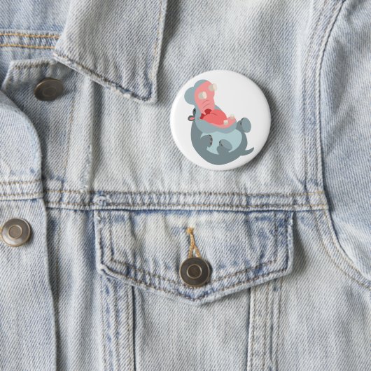 Cute Laughing Cartoon Hippo Button Badge (In situ)