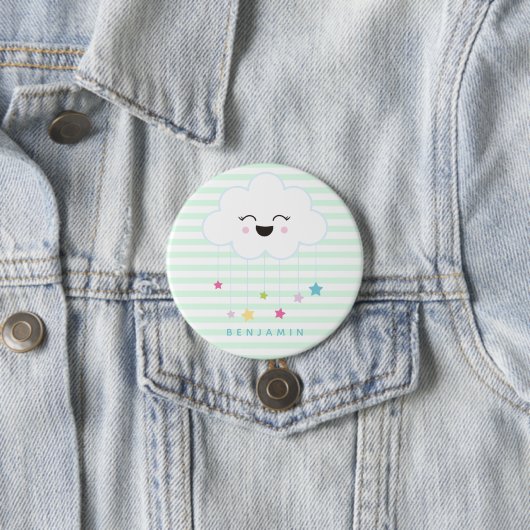 Cute Laughing Cloud - Green Striped Button (In situ)