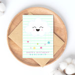 Cute Laughing Cloud - Green Striped Kids Birthday Briefkaart<br><div class="desc">NewParkLane - Een seksneutraal, gepersonaliseerd briefkaart van kinderen met een lachende wolk met een regenboogkleurige sterren, tegen een zachte groene gestreepte achtergrond, en een tekst-sjabloon voor de naam van uw kind. Eenvoudig aan te passen in Zazzle met uw eigen tekst voor een gepersonaliseerd ontwerp. Alle tekststijlen, kleuren en grootten kunnen...</div>