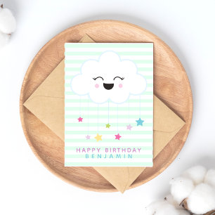 Cute Laughing Cloud - Green Striped Kids Birthday Briefkaart
