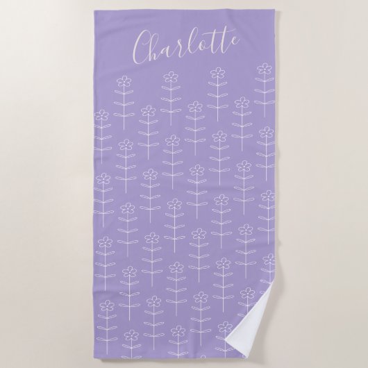 Cute Lavender Floral Line Art, gepersonaliseerd Strandlaken (Voorkant)