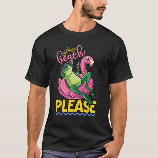 Cute Lazy Frog Pink Flamingo Beach Please Summer V T-shirt (Voorkant)