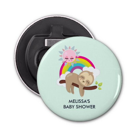 Cute Lazy Sloth met Sun & Rainbow-Baby shower Button Flesopener (Voorkant)