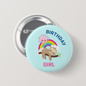 Cute Lazy Sloth met Sun & Rainbow Birthday Girl Ronde Button 5,7 Cm (Voorkant /achterkant)