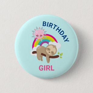 Cute Lazy Sloth met Sun & Rainbow Birthday Girl Ronde Button 5,7 Cm