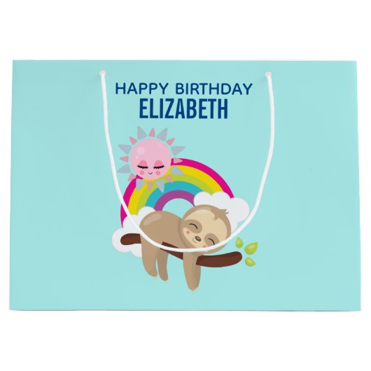 Cute Lazy Sloth met Sun & Rainbow Birthday Groot Cadeauzakje (Voorkant)