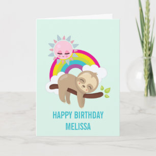 Cute Lazy Sloth met Sun & Rainbow Birthday Kaart