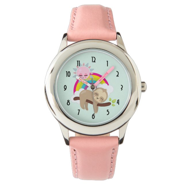 Cute Lazy Sloth met Sun & Rainbow Horloge (Voorkant)