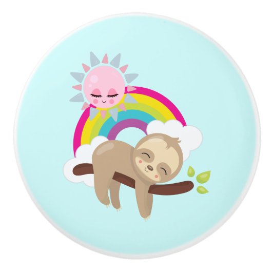 Cute Lazy Sloth met Sun & Rainbow Keramische Knop (Voorkant)