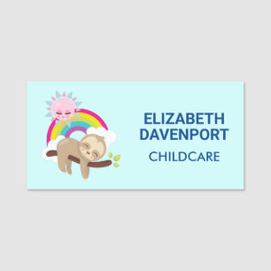 Cute Lazy Sloth met Sun & Rainbow Naamplaatje