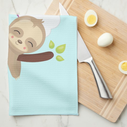 Cute Lazy Sloth met Sun & Rainbow Theedoek (Quarter Fold)