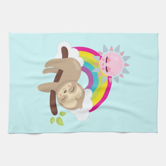 Cute Lazy Sloth met Sun & Rainbow Theedoek (Horizontaal)