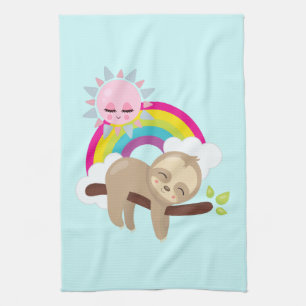 Cute Lazy Sloth met Sun & Rainbow Theedoek
