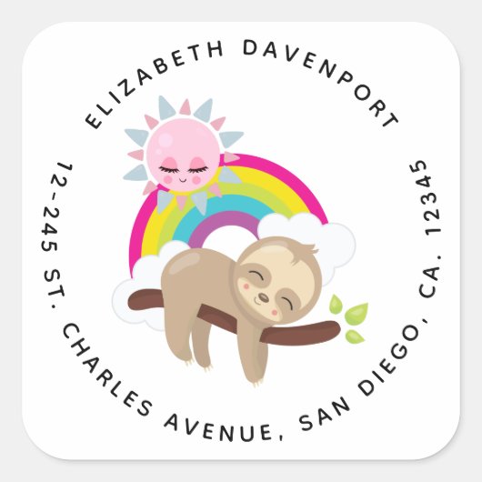 Cute Lazy Sloth met Sun & Rainbow Vierkante Sticker (Voorkant)