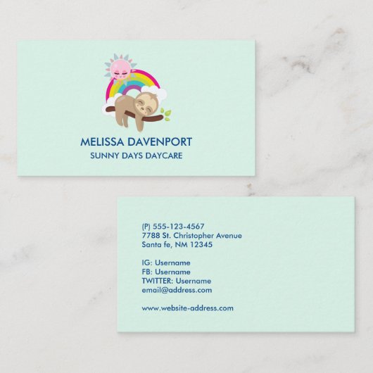 Cute Lazy Sloth met Sun & Rainbow Visitekaartje (Voorkant / Achterkant)