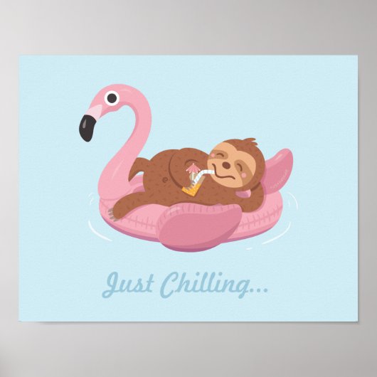 Cute Lazy Sloth on Pink Flamingo Float Print (Voorkant)