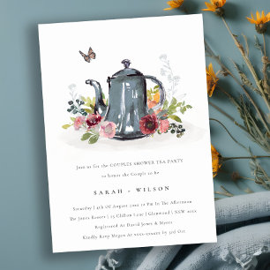 Cute Leaf Roos Floral Teapot Couples Shower Invite Bedankkaart