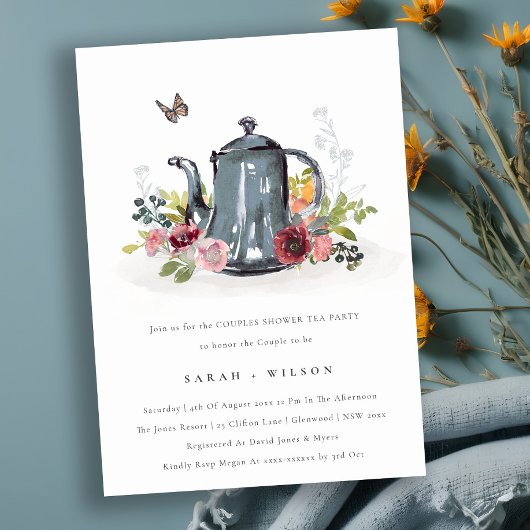 Cute Leaf Roos Floral Teapot Couples Shower Invite Bedankkaart