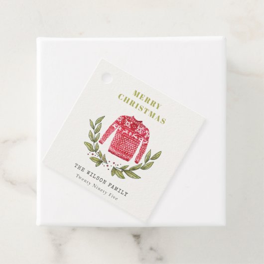 Cute Leafy Red Green Ugly Sweater Winter Bedankjes Labels (In situ)