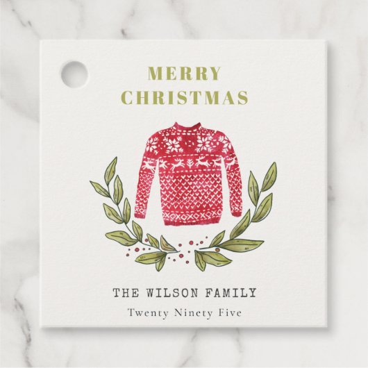 Cute Leafy Red Green Ugly Sweater Winter Bedankjes Labels (Voorkant)