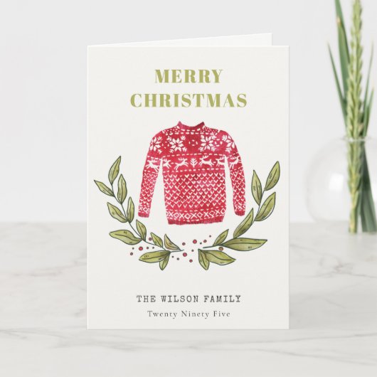 Cute Leafy Red Green Ugly Sweater Winter Feestdagen Kaart (Voorkant)