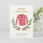 Cute Leafy Red Green Ugly Sweater Winter Feestdagenkaart (Staand voorkant)