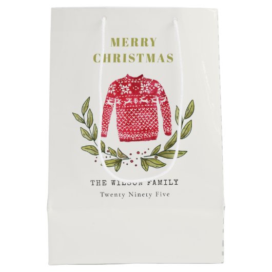 Cute Leafy Red Green Ugly Sweater Winter Medium Cadeauzakje (Achterkant)