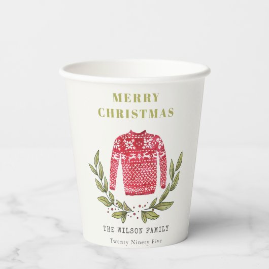 Cute Leafy Red Green Ugly Sweater Winter Papieren Bekers (Achterkant)