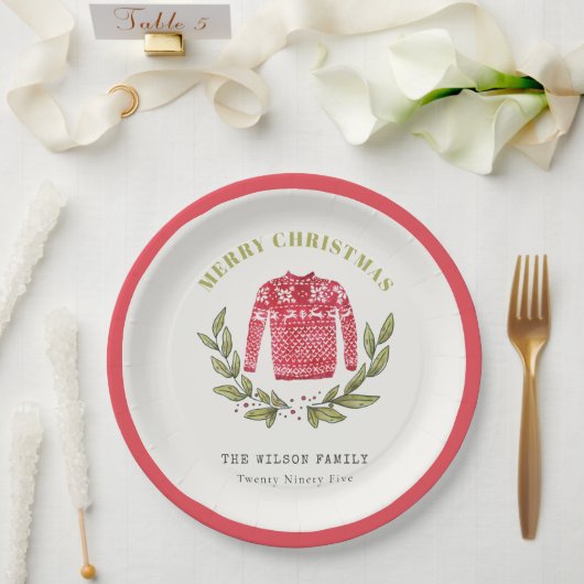 Cute Leafy Red Green Ugly Sweater Winter Papieren Bordje (Huwelijk)