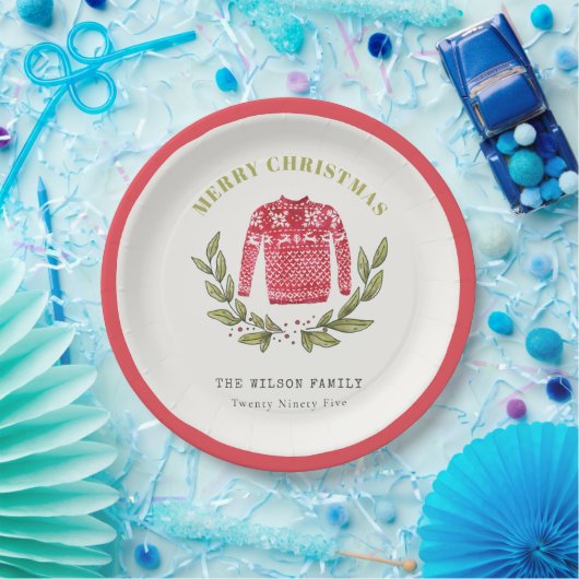 Cute Leafy Red Green Ugly Sweater Winter Papieren Bordje (Feest)