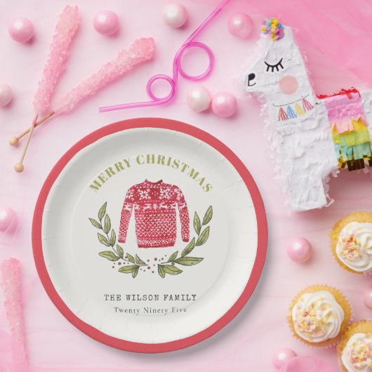 Cute Leafy Red Green Ugly Sweater Winter Papieren Bordje (Feest)