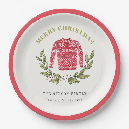 Cute Leafy Red Green Ugly Sweater Winter Papieren Bordje (Voorkant)
