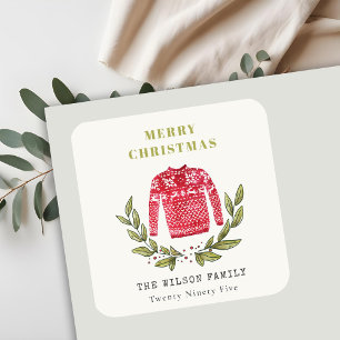 Cute Leafy Red Green Ugly Sweater Winter Vierkante Sticker