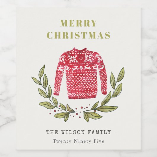 Cute Leafy Red Green Ugly Sweater Winter Wijn Etiket (Enkel label)