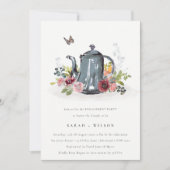 Cute Leafy Roos Floral Teapot Verloving Invite Bedankkaart (Voorkant)