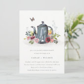 Cute Leafy Roos Floral Teapot Verloving Invite Bedankkaart (Staand voorkant)